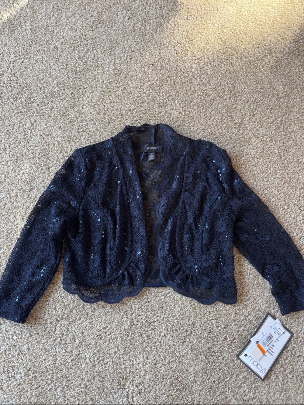 R&M Richards Navy Lace Sequin Cropped Blazer/Shrug NWT